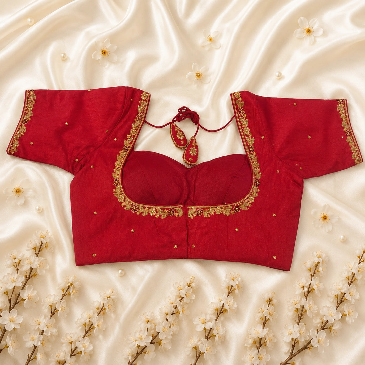 Bridal Ari Work Raw Silk Maroon Blouse for Women Embroidered Sweetheart Neck Wedding Blouse