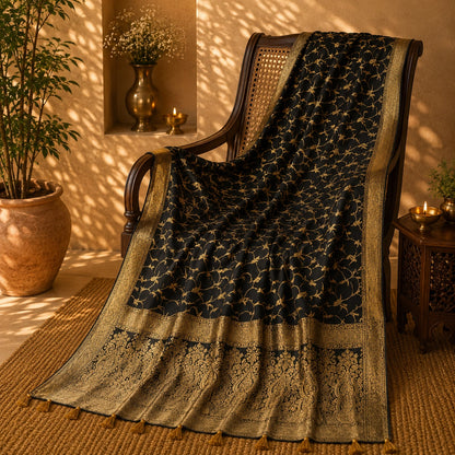 Black Pure Masru Silk Saree with Gold Vine Weaving and Ornate Zari Paisley Border