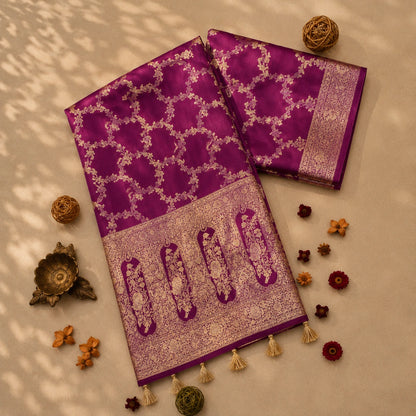 Royal Purple Pure Masru Silk Saree with Gold Floral Vine Weaving and Ornate Zari Border