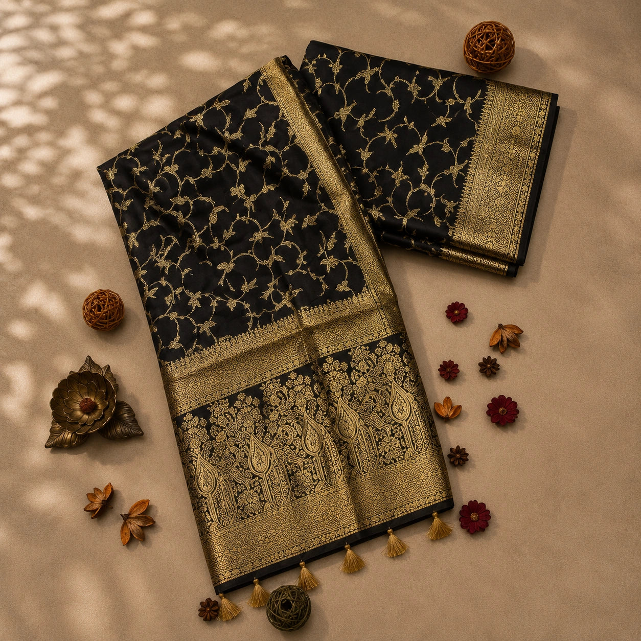 Black Pure Masru Silk Saree with Gold Vine Weaving and Ornate Zari Paisley Border