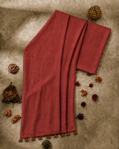 WEVOW Rust Red Pure Cotton Solid Color Saree with Tassel Pallu