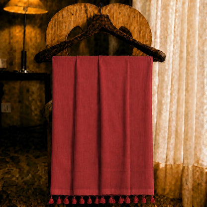 WEVOW Rust Red Pure Cotton Solid Color Saree with Tassel Pallu