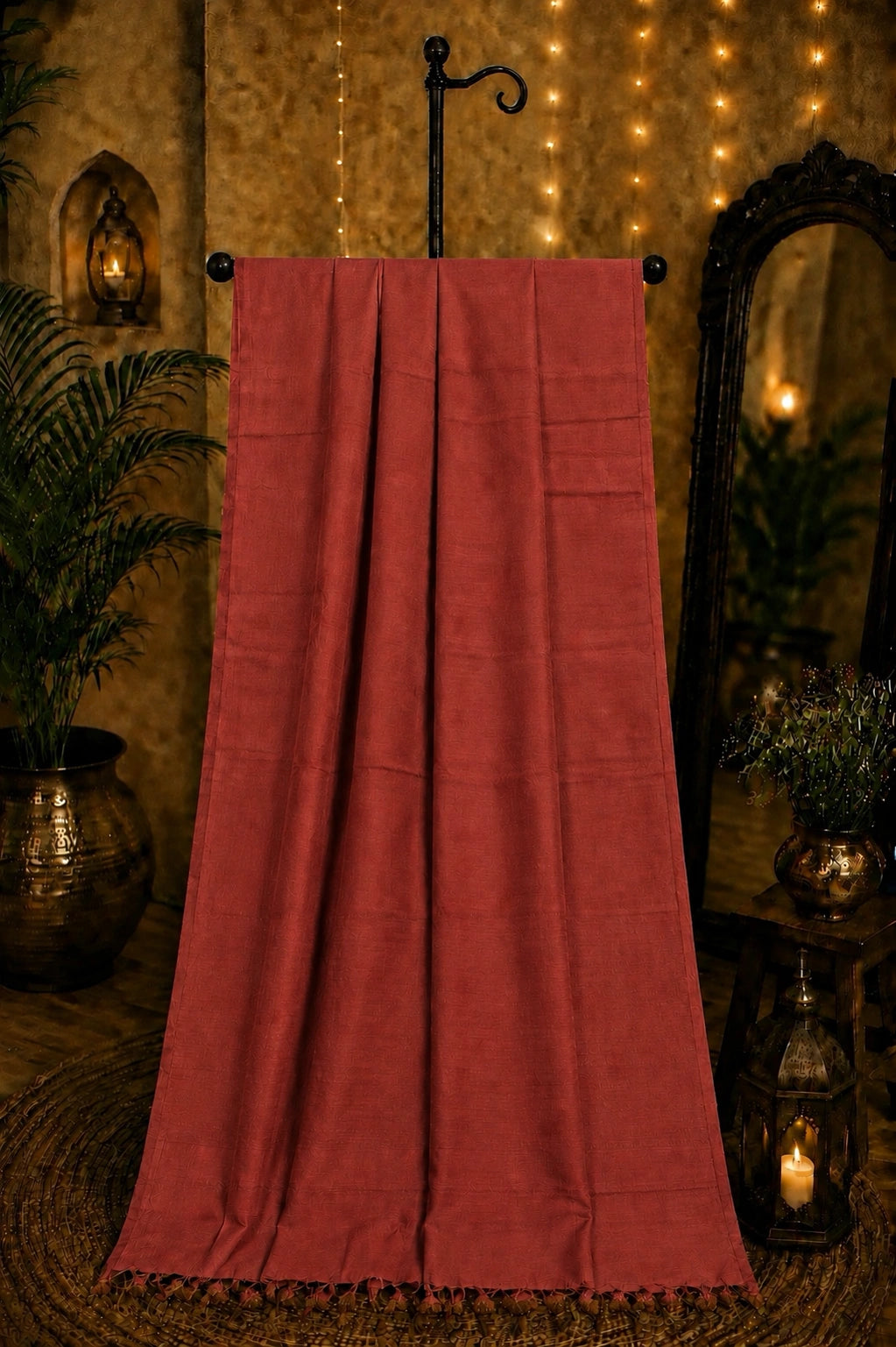 WEVOW Rust Red Pure Cotton Solid Color Saree with Tassel Pallu