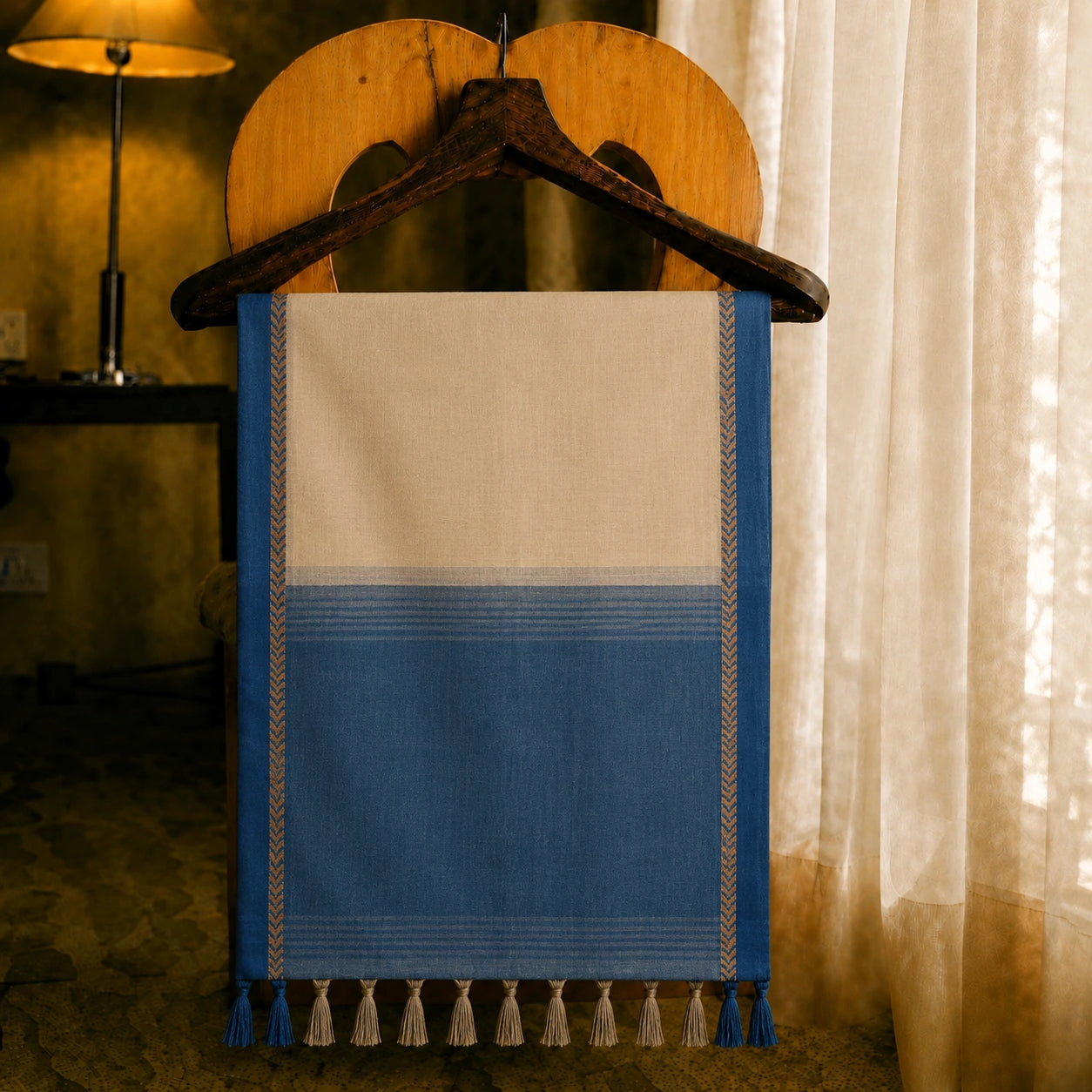Cotton Handloom Off-White & Indigo Blue Saree with Minimalist Woven Border