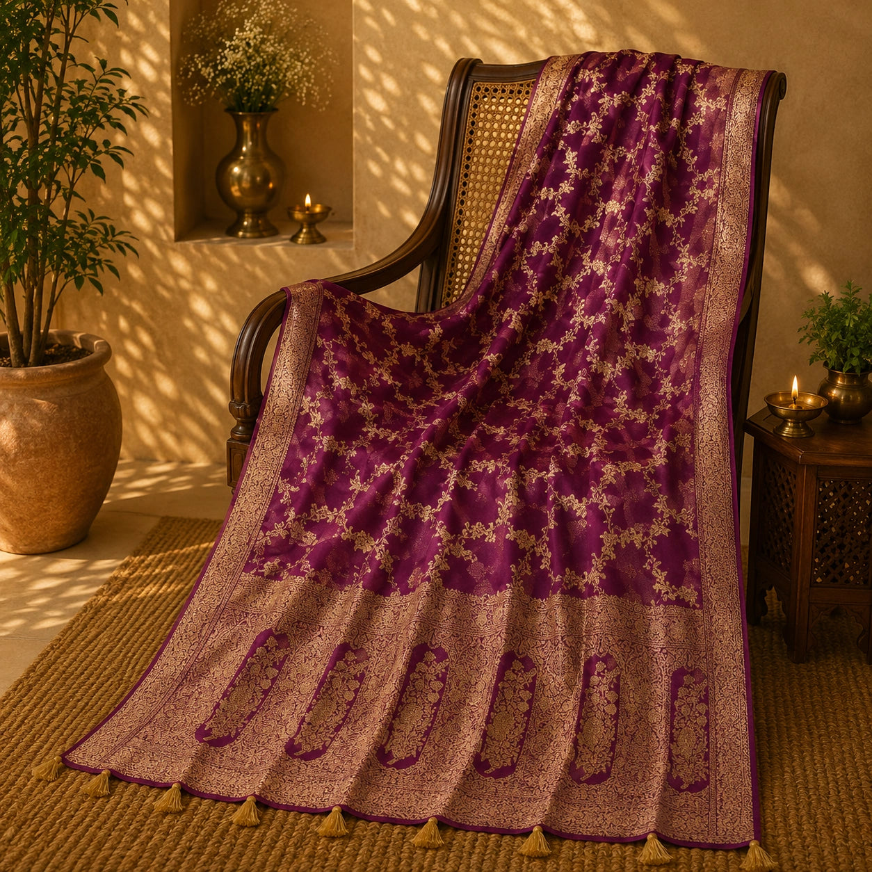Royal Purple Pure Masru Silk Saree with Gold Floral Vine Weaving and Ornate Zari Border