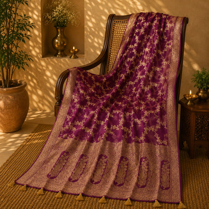 Royal Purple Pure Masru Silk Saree with Gold Floral Vine Weaving and Ornate Zari Border