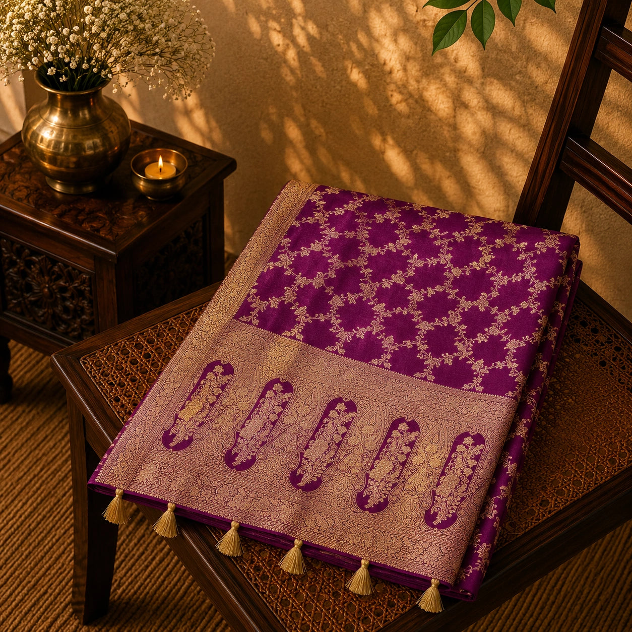 Royal Purple Pure Masru Silk Saree with Gold Floral Vine Weaving and Ornate Zari Border