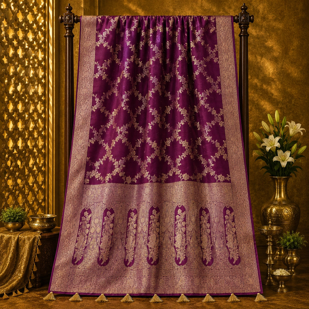 Royal Purple Pure Masru Silk Saree with Gold Floral Vine Weaving and Ornate Zari Border