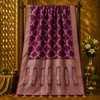Royal Purple Pure Masru Silk Saree with Gold Floral Vine Weaving and Ornate Zari Border