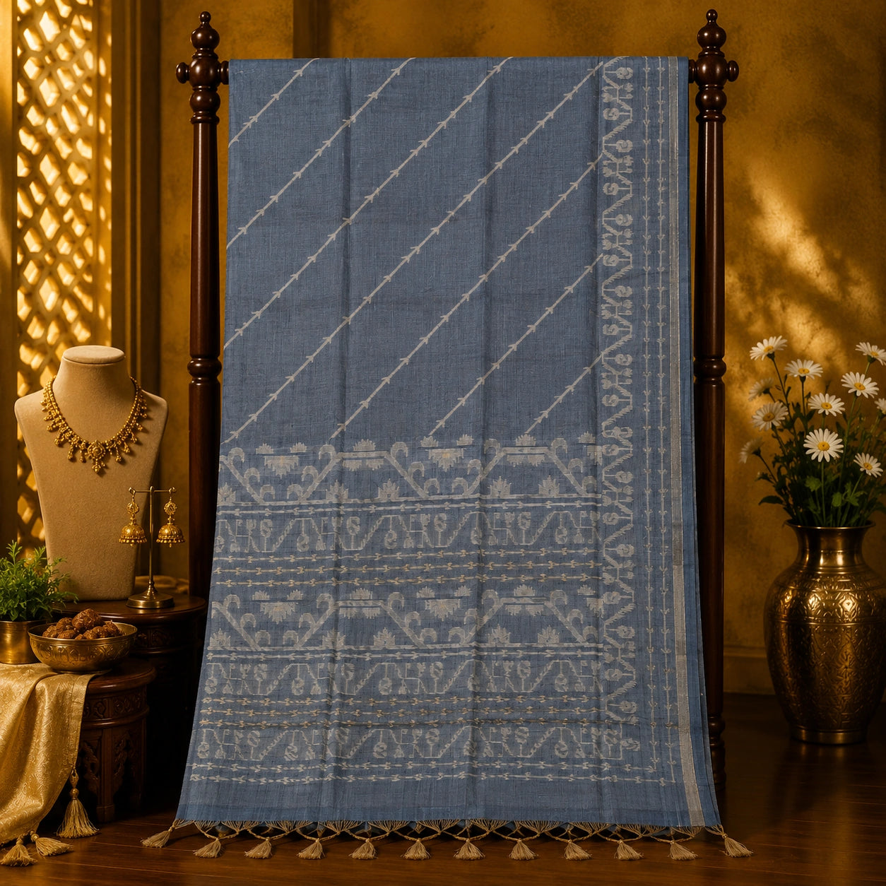 Dusty Blue Silk Jamdani Saree with Silver Woven Floral Border & Elegant Tassels