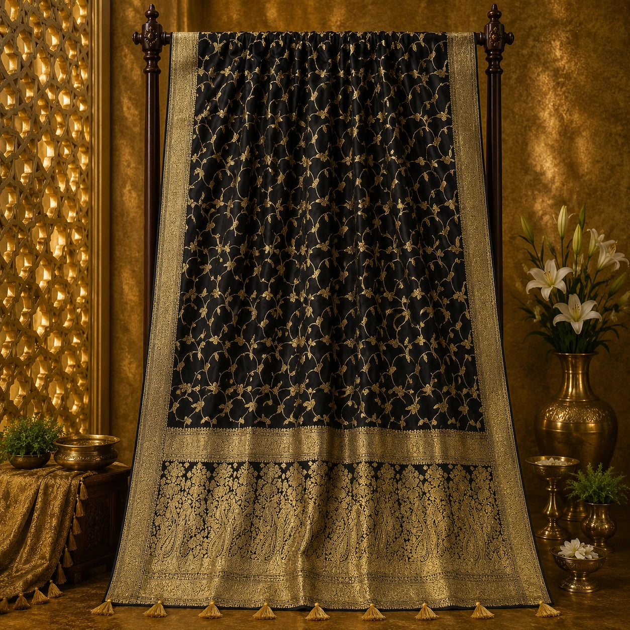 Black Pure Masru Silk Saree with Gold Vine Weaving and Ornate Zari Paisley Border