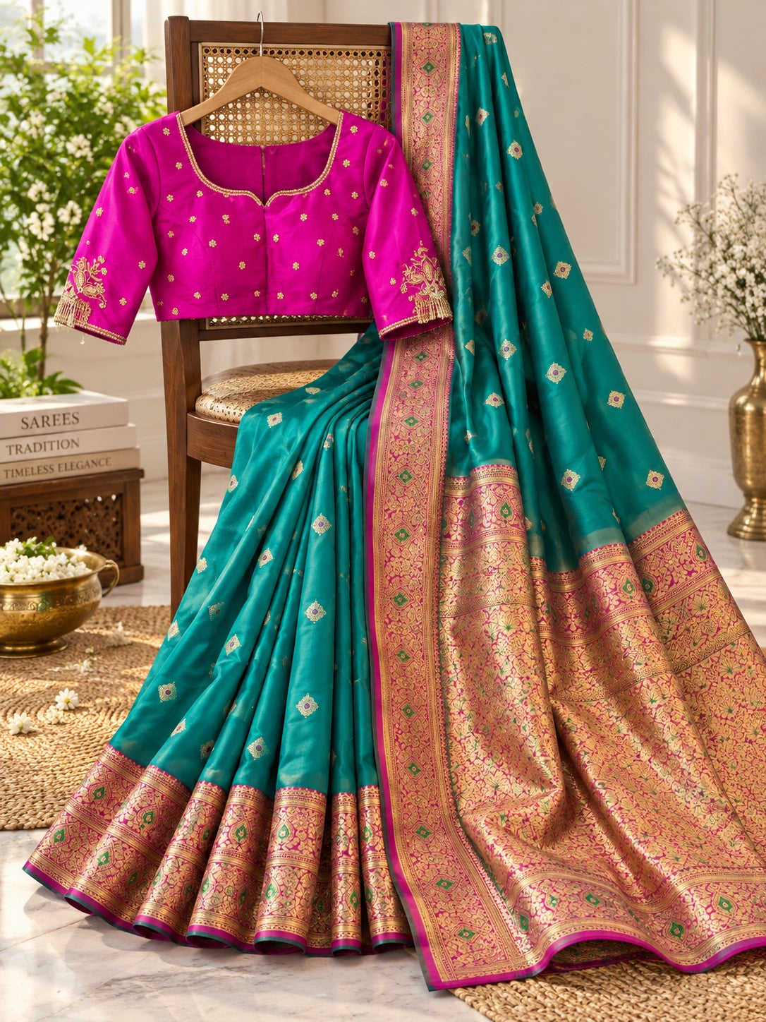 Teal Semi Katan Big Buta Kanji Saree with Magenta Gold Zari Border