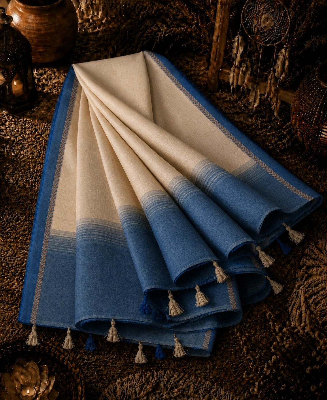 Cotton Handloom Off-White & Indigo Blue Saree with Minimalist Woven Border