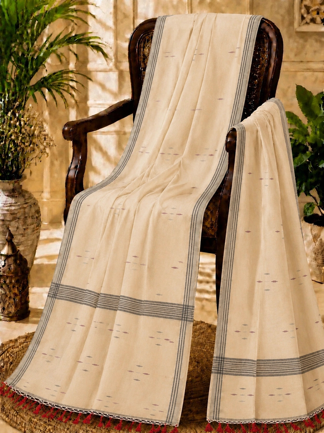 Off White Pure Mul Cotton Hand Woven Jamdani Ruta Saree with Grey Striped Border