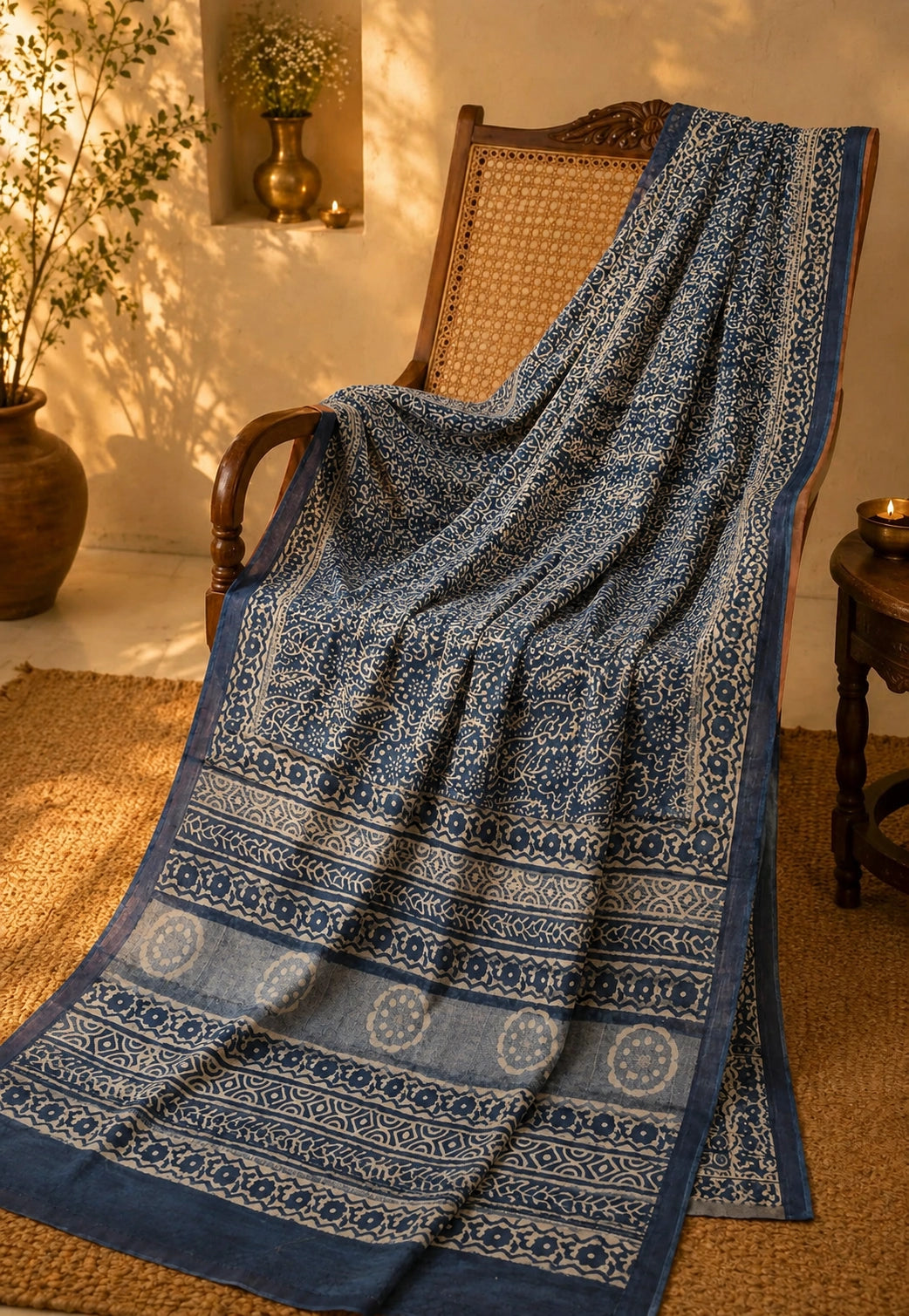 Indigo Blue Linen Saree with Traditional Floral Border and Hand Block Print Inspired Motifs