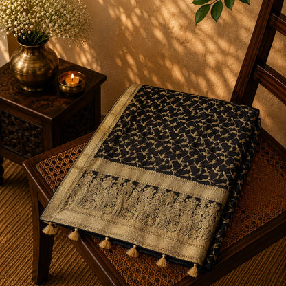 Black Pure Masru Silk Saree with Gold Vine Weaving and Ornate Zari Paisley Border