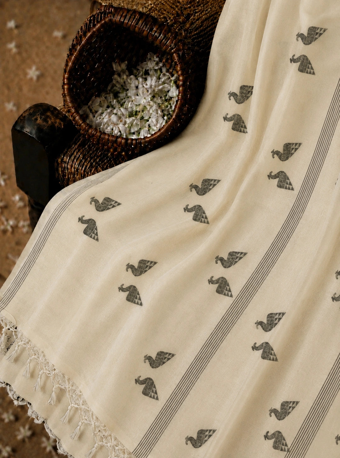 Handloom Pure Cotton Saree in White with Peacock Buti Motifs & Tassel Pallu