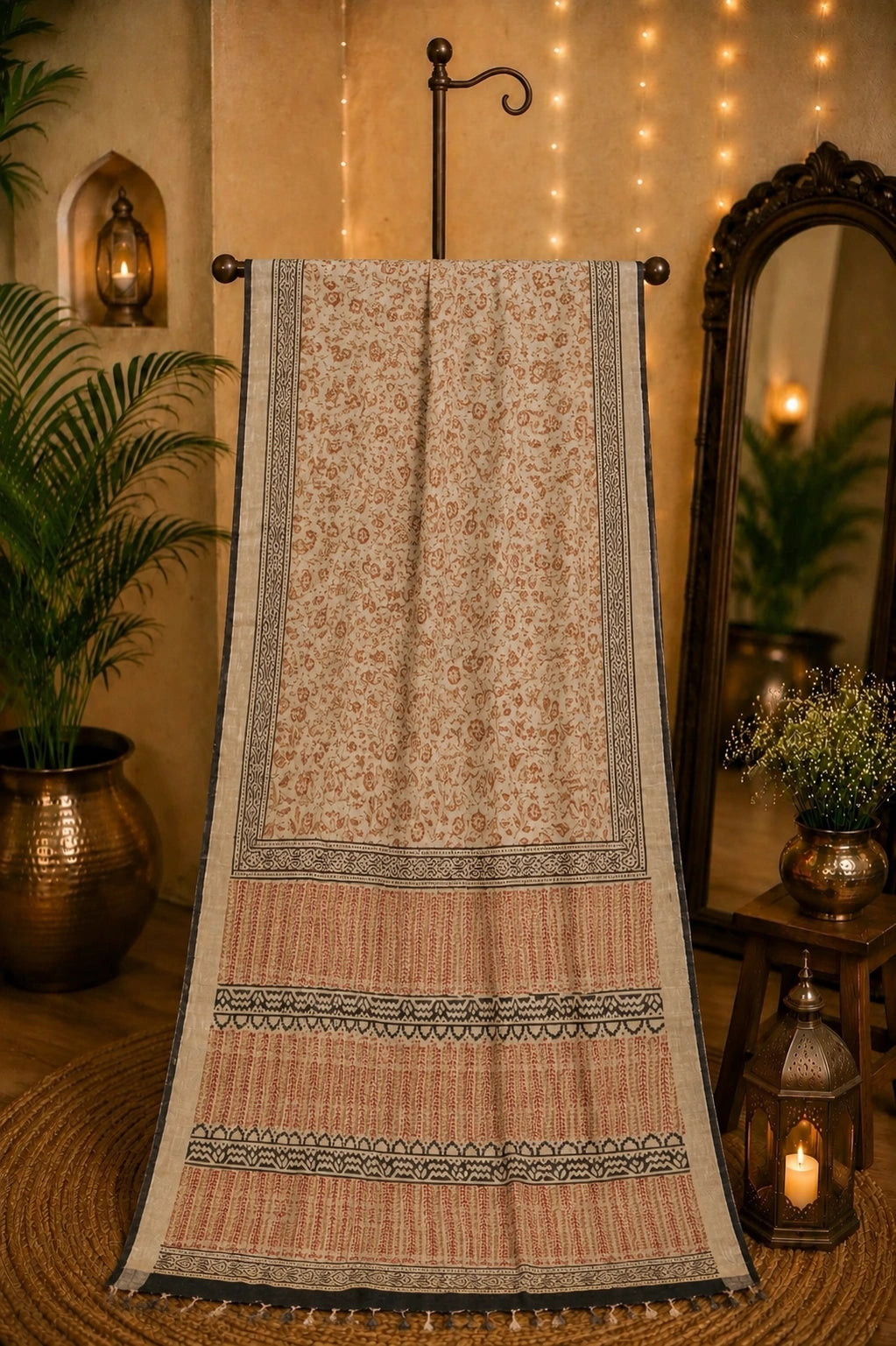 Beige Linen Bagru Print Saree with Traditional Floral Motifs & Tribal Border