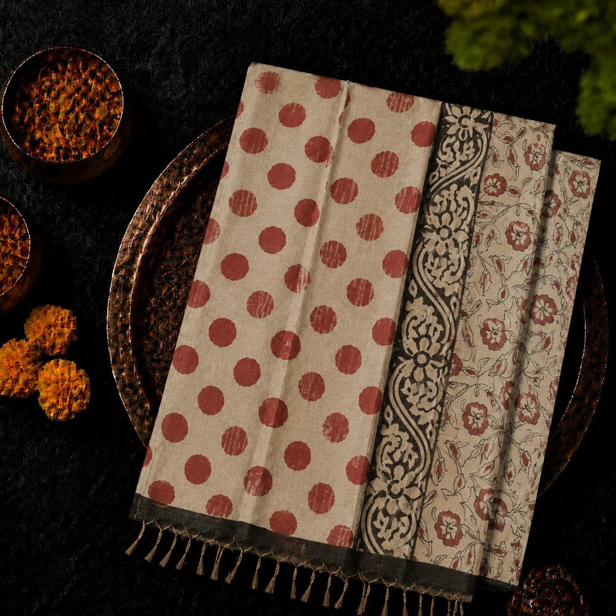 Beige Linen Kalamkari Saree with Rust Polka Dot Print, Floral Pallu & Artistic Border