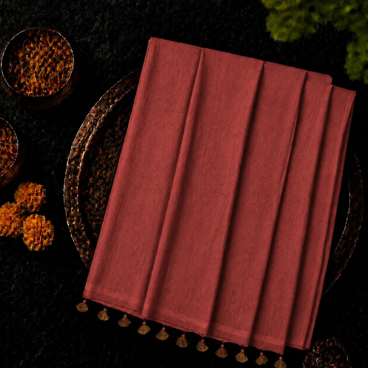 WEVOW Rust Red Pure Cotton Solid Color Saree with Tassel Pallu