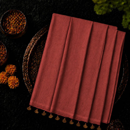 WEVOW Rust Red Pure Cotton Solid Color Saree with Tassel Pallu