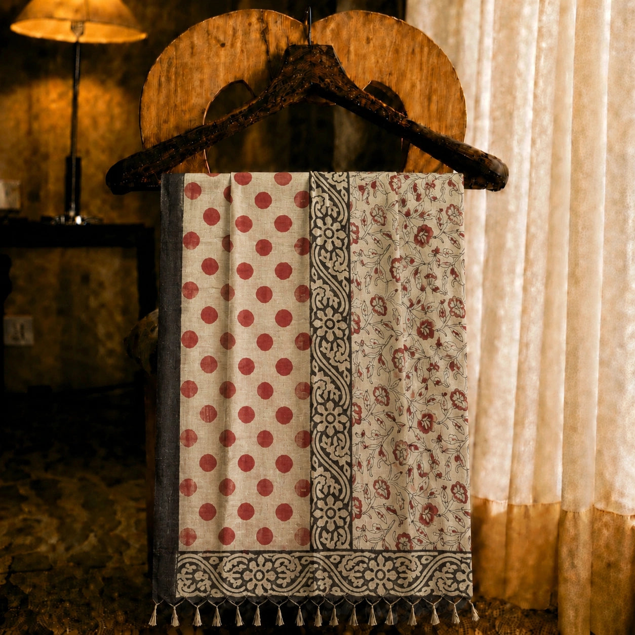 Beige Linen Kalamkari Saree with Rust Polka Dot Print, Floral Pallu & Artistic Border
