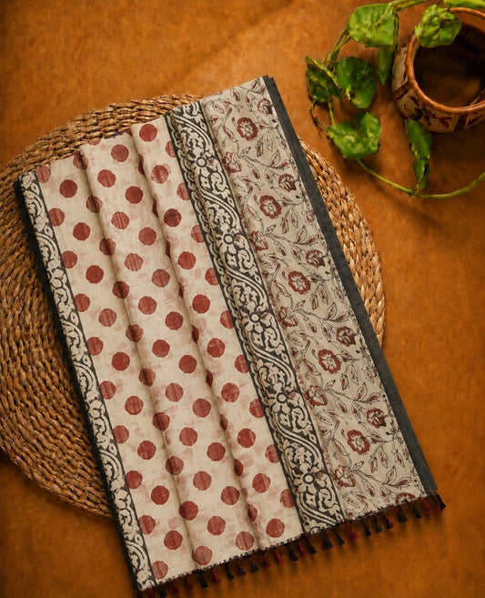 Beige Linen Kalamkari Saree with Rust Polka Dot Print, Floral Pallu & Artistic Border