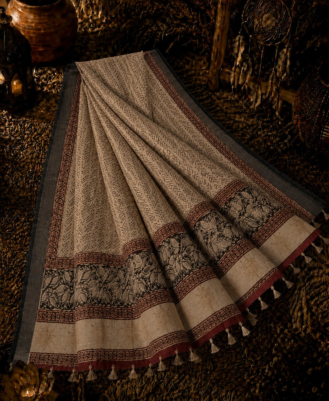 Beige Linen Kalamkari Saree with Tribal Print Body & Artistic Floral Border