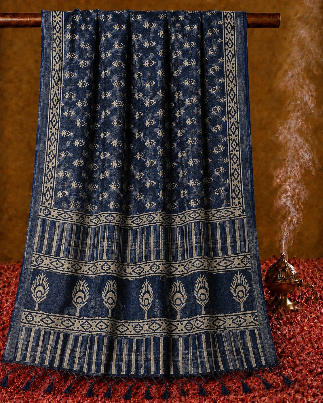 Indigo Blue Linen Print Saree with Ethnic Block Motifs & Decorative Pallu Design