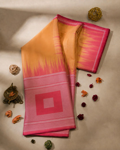Peach Pink Handloom Ikkat Saree with Geometric Border Design