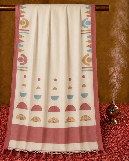 Off White Pure Handloom Cotton Saree with Dusty Rose Geometric Border Design