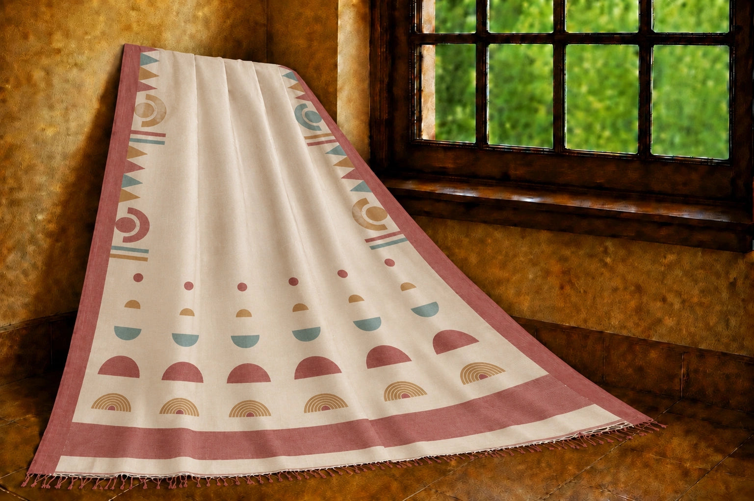 Off White Pure Handloom Cotton Saree with Dusty Rose Geometric Border Design