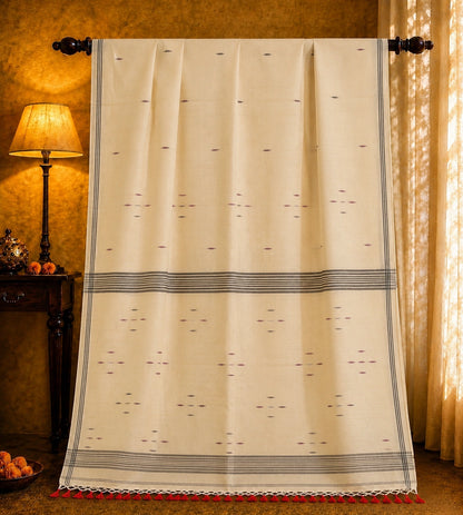 Off White Pure Mul Cotton Hand Woven Jamdani Ruta Saree with Grey Striped Border