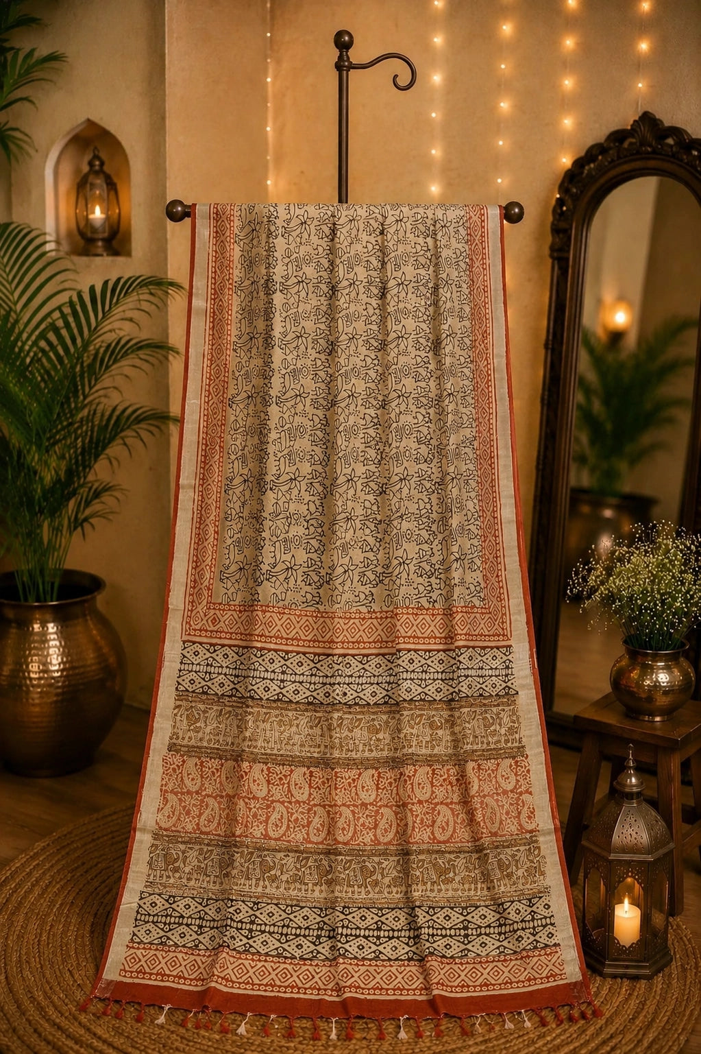 Beige Linen Kalamkari Saree with Tribal Art Print, Paisley Border & Tassel Pallu