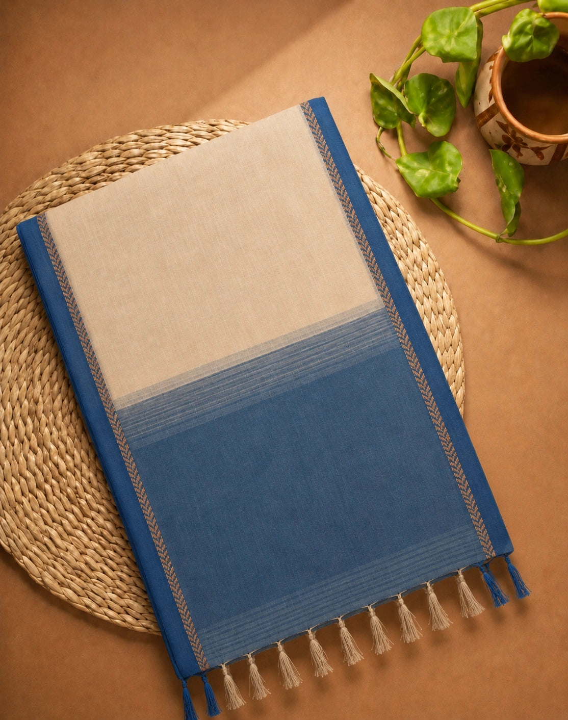 Cotton Handloom Off-White & Indigo Blue Saree with Minimalist Woven Border