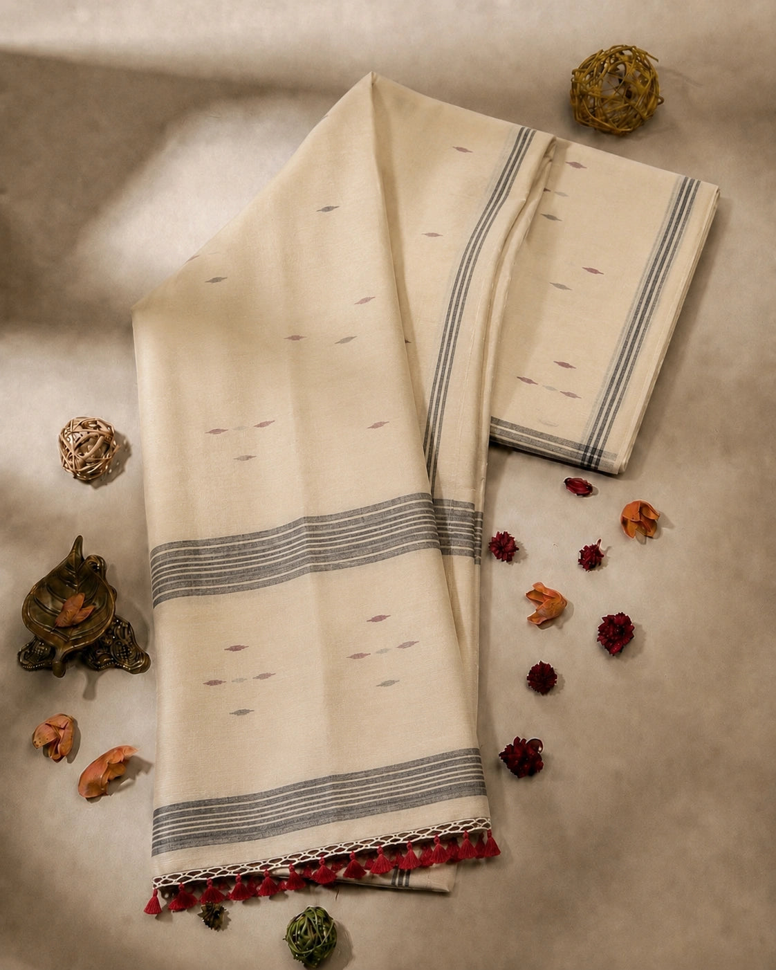 Off White Pure Mul Cotton Hand Woven Jamdani Ruta Saree with Grey Striped Border
