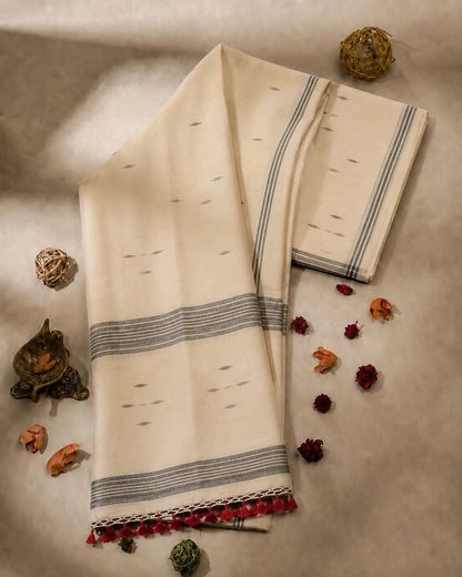 Off White Pure Mul Cotton Hand Woven Jamdani Ruta Saree with Grey Striped Border