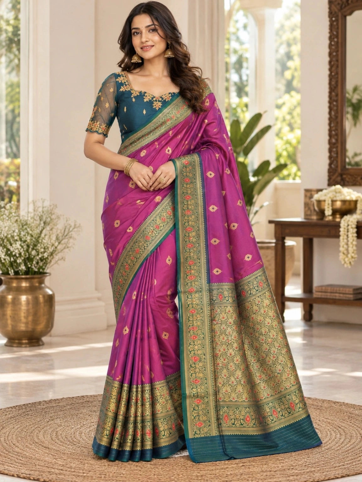 Magenta Semi Katan Silk Big Buta Kanji Saree with Teal Green Zari Floral Border