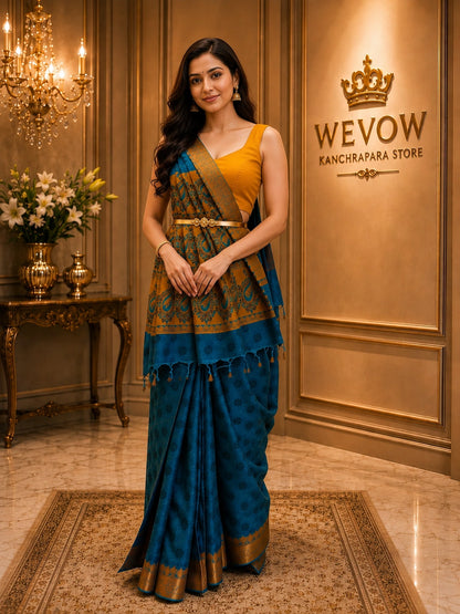 Handloom Cotton Saree in Deep Blue with Intricate Golden Paisley Border
