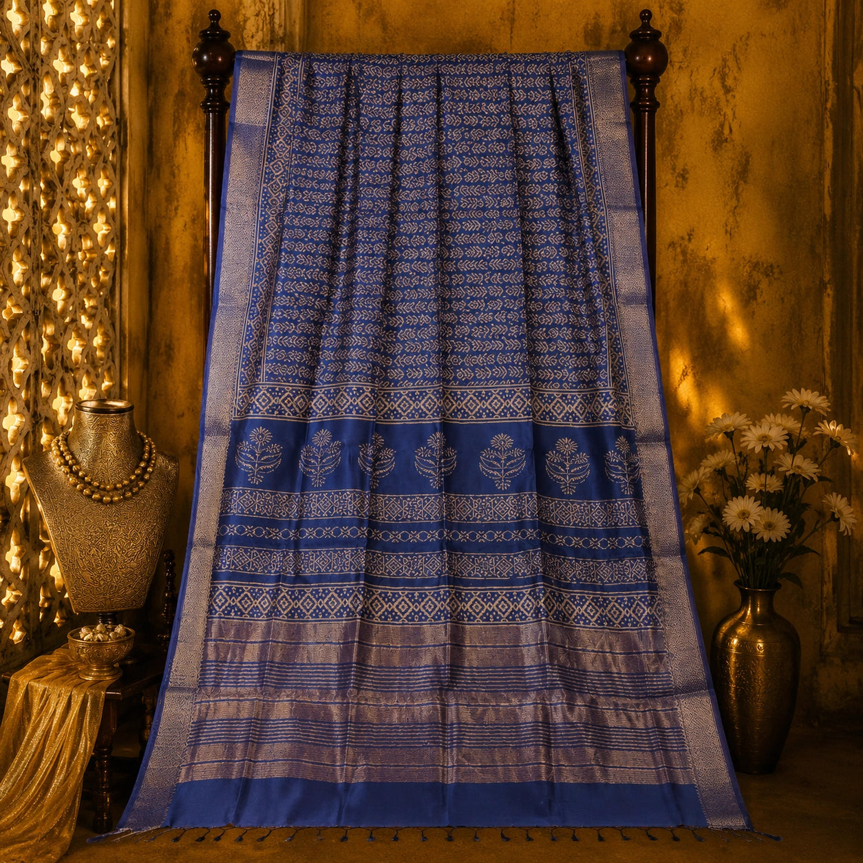 Royal Blue Maheshwari Saree with Silver Zari Tribal Buta Weaving and Ornate Border