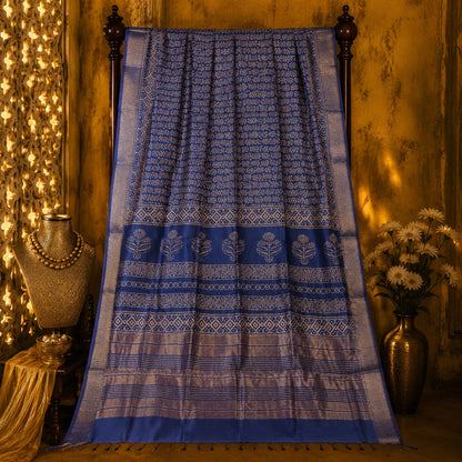 Royal Blue Maheshwari Saree with Silver Zari Tribal Buta Weaving and Ornate Border