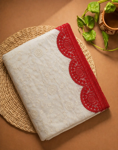 White Soft Georgette Lucknowi Embroidery Saree with Red Cutwork Lace Border