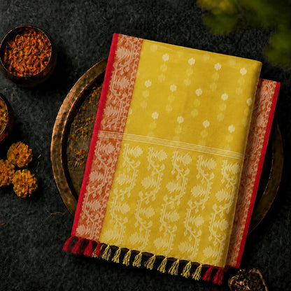 Yellow Muslin Jamdani Saree with Red Geometric Woven Border & Traditional Buti Motifs