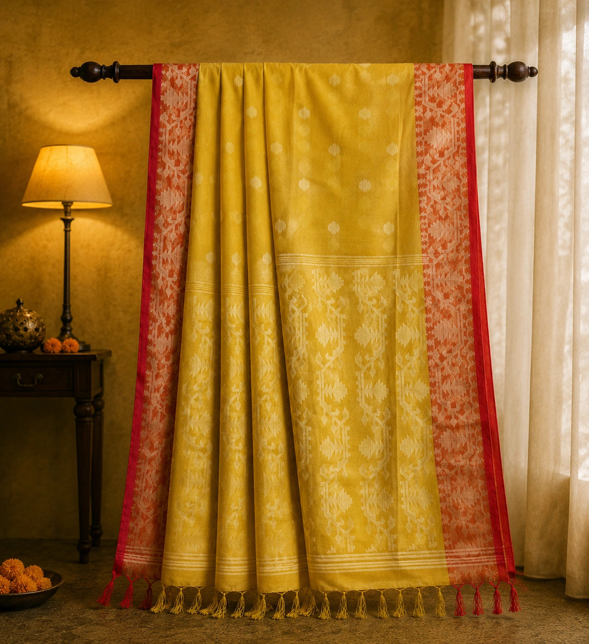 Yellow Muslin Jamdani Saree with Red Geometric Woven Border & Traditional Buti Motifs