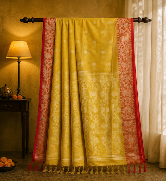 Yellow Muslin Jamdani Saree with Red Geometric Woven Border & Traditional Buti Motifs