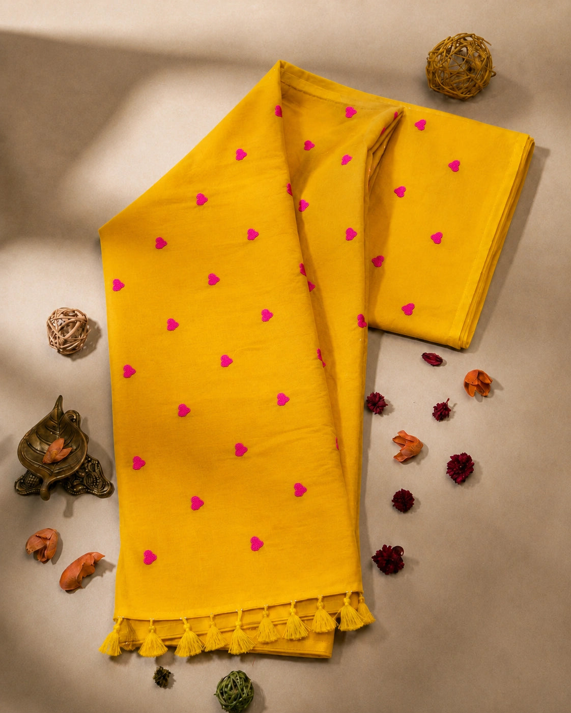 Mustard Yellow Mul Cotton Embroidery Saree with Pink Heart Motifs & Tassel Pallu