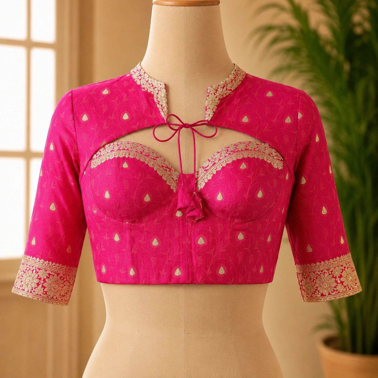 Pink Banarasi Bralette Blouse with Jacket Style Neck Overlay & Gold Zari Woven Motifs
