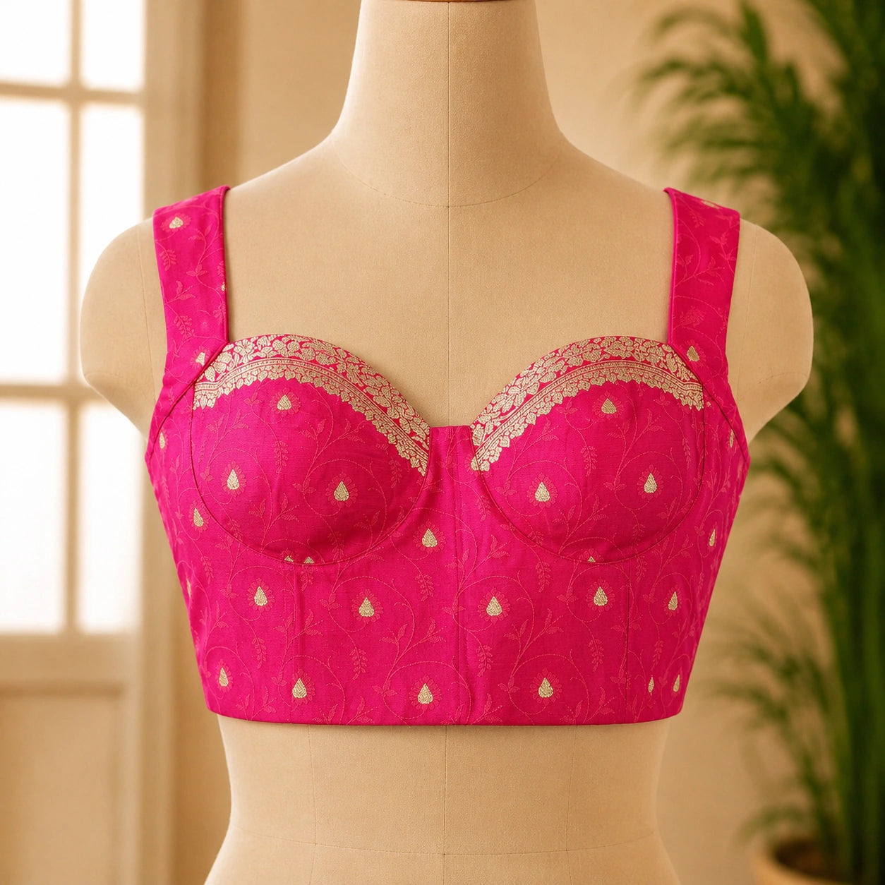 Pink Banarasi Bralette Blouse with Jacket Style Neck Overlay & Gold Zari Woven Motifs