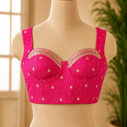 Pink Banarasi Bralette Blouse with Jacket Style Neck Overlay & Gold Zari Woven Motifs