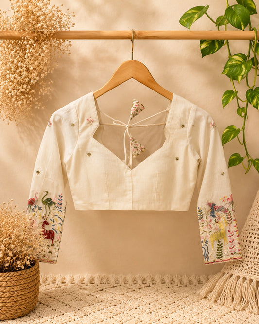 Off White Ramlella Embroidered Full Sleeves Designer Blouse with Folk Art Sleeve Motifs
